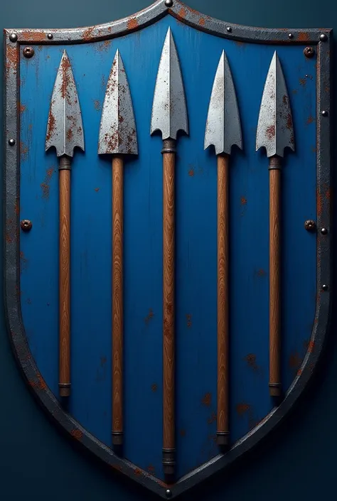  A heraldic shield symbol that is a sea of azure and spears arranged in a 2-1-2 position,  NOT IN A ROW
Whose silver tips are stained with  ( for hurting someone ) And their handles are made of wood  