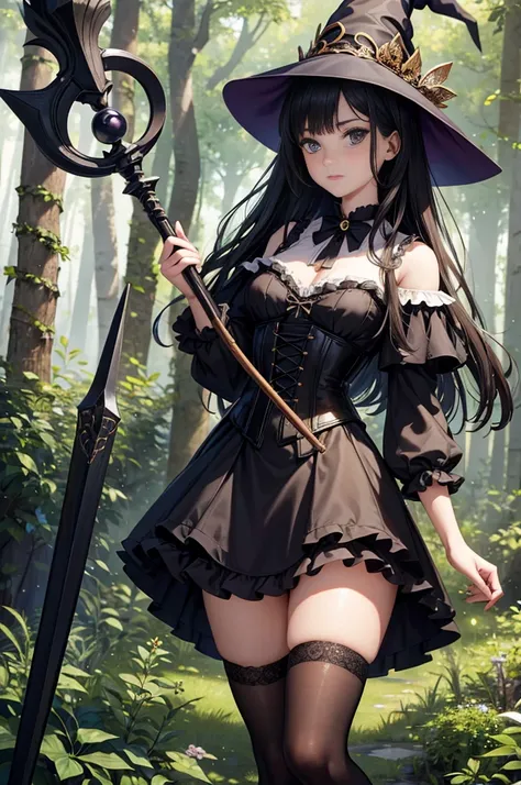  masterpiece,  Best quality , high resolution,  beautiful detailed eyes ,  extremely detailed face, Detailed CG, 1 girl; standing, Holds a wizards staff with his hand,  seen from above, looking at the viewer,  long black hair , black eyes,  impossible clot...