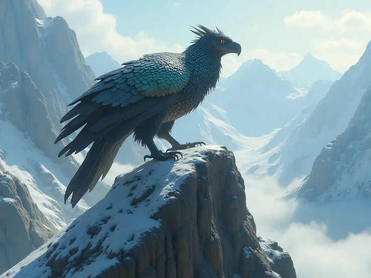 
GÉNÉRER UN AMI IMAGINAIRE: A giant bird on top of a mountain with scales