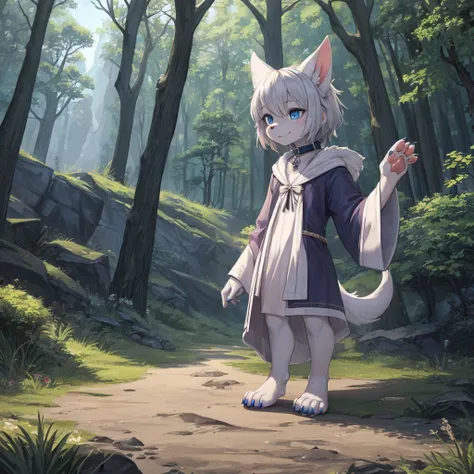 kobold silve, kobold silve, robe mage, furry, short stature, tail, dark fantasy, in a mountain forest, silver fur, dog girl, shortstack, furry female, white fur, dog ears, dog tail, paws, pawpads, blue collar, blue eyes, ((two-tone hair)), (white hair), si...