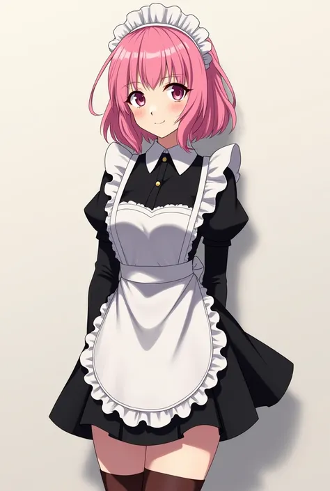 A pink-haired anime woman in her 30s in a black maid outfit wearing knee-length brown boots, with a neutral smile