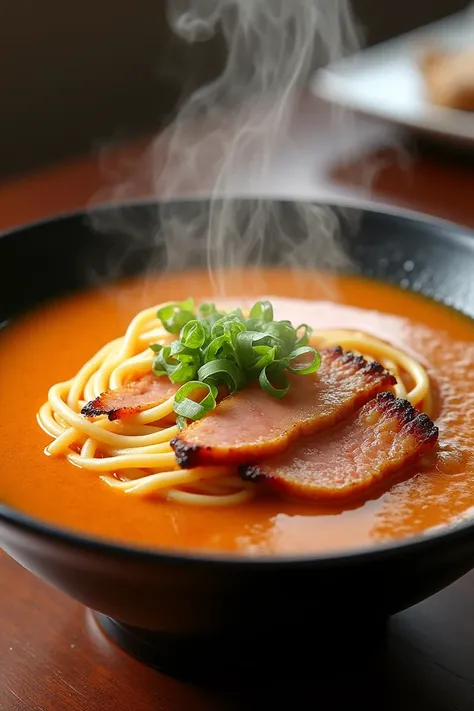 oily saucey orange-yellow ramen with cookeed peace of ham 