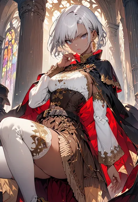 (masterpiece),(best quality),(ultra-detailed),(best illustration),(best shadow),(absurdres),(detailed background), 1girl, thighhighs, dark-skin, short-hair, cape, dark-skinned-female, high-heels, solo, white-hair, standing, jewelry, chain, pillar, stained-...