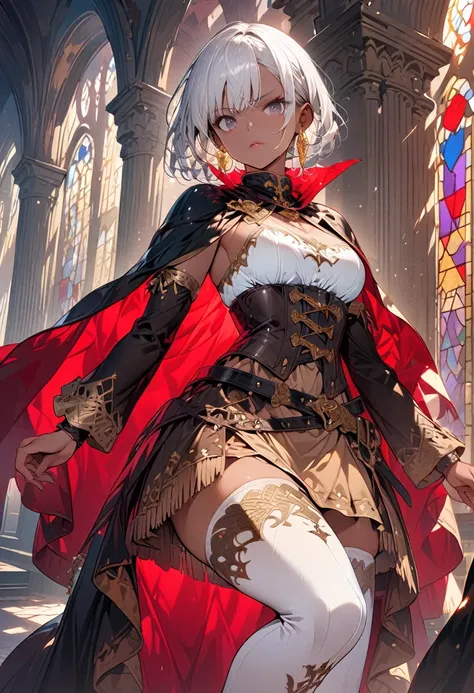 (masterpiece),(best quality),(ultra-detailed),(best illustration),(best shadow),(absurdres),(detailed background), 1girl, thighhighs, dark-skin, short-hair, cape, dark-skinned-female, high-heels, solo, white-hair, standing, jewelry, chain, pillar, stained-...