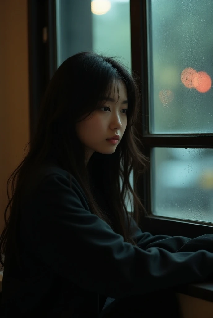  professional photo shoot, Oriental beauty sitting leaning against a corner of a window in Wong Ka-wai movie writing style ,  で窓の隅に寄りかかって座っているオリエンタルビューティー, She has long, straight, messy hair, She is looking down, sitting leaning against the corner of a res...