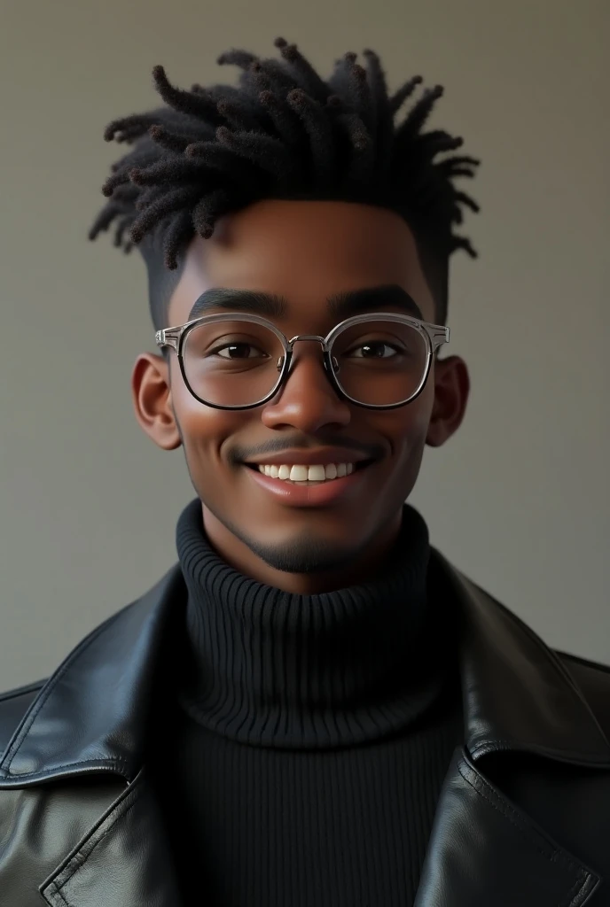 A handsome boy in 3D wavy short hair, portant un colle roulé et veste en cuire , 23 years old ,  of Congolese nationality with clear glasses and a charming smile 