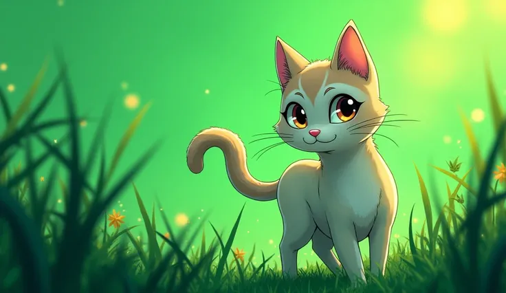 cat back on green background animé style