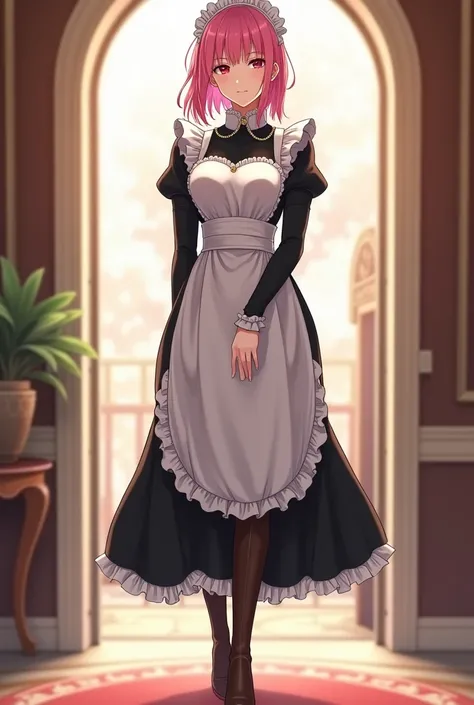 A pink-haired anime woman in her 30s in a black maid outfit wearing knee-length brown boots, shes with a neutral face, full shot of her body