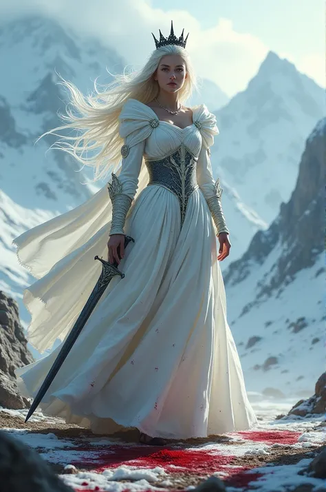  A white-haired queen , Almost blond ,  a black crown on her head . of coasts,  her long white dress with bloodstains ,  her hair flying because of the wind and a sword in her hand,  around her mountains snow and more blood 