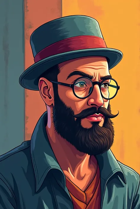 Male, bald, middle eastern, anime, side profile picture, artist, round colored eye glasses, full beard face, artist hat