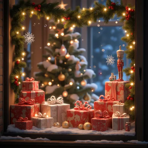 Ultra high quality 32K resolution, vibrant and detailed Christmas show window display, featuring an elegant arrangement of Christmas gifts wrapped in festive paper with ribbons. The show window is decorated with sparkling fairy lights, pine garlands, and s...