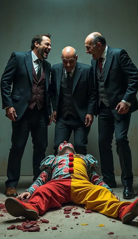 Three mischievous men, laughing and mocking the very sad and injured clown, threw paint on his face, tore off his colorful clothes and left him lying on the floor,