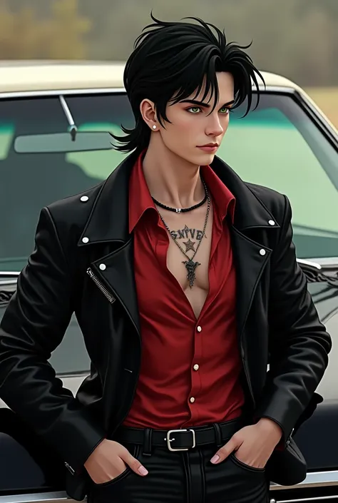 1 man, short black hair with Mullet cut , muscular, rebellious style,  green eyes,  looks like an 18-year-old mans , beautiful, high,  wearing a red blouse , black jeans,  black leather jacket, attractive,  tattoo showing on her neck, Sage Bender .  deep w...