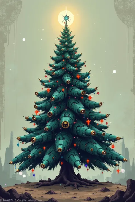 Futuristic Christmas tree with a future/retro theme, fully technological in the Megaman X style, but with a more focused approach to the tree and an almost flat, degraded background