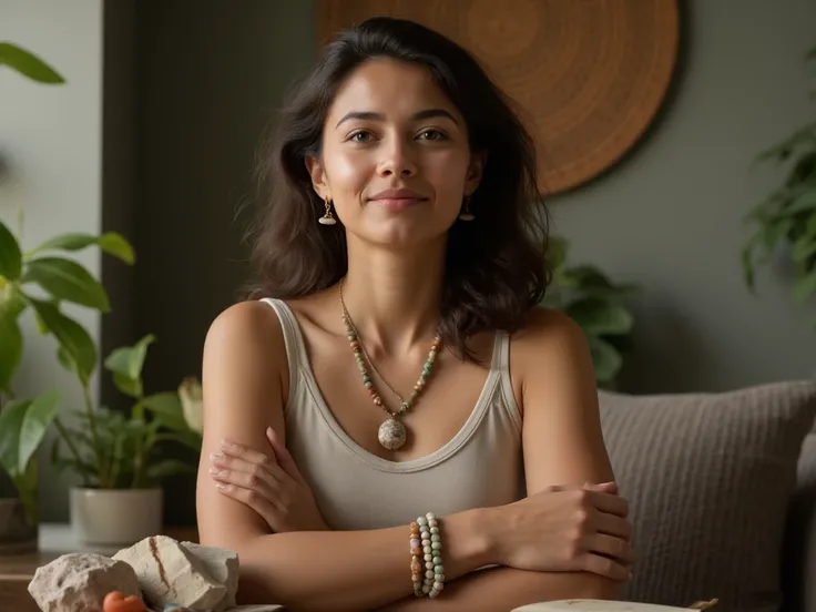 A Psychologist with a natural stone bracelet on her arm and a natural stone necklace around her neck