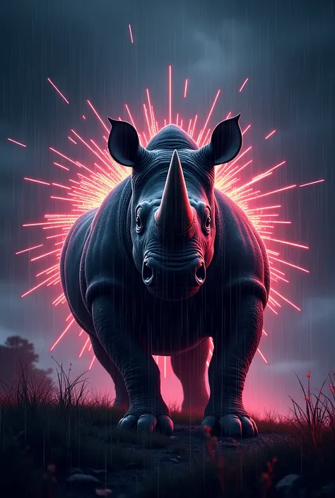 Create a logo for my fireworks games with a rhinoceros in the rain with rays and the name of the RHINO FIREWORKS logo 