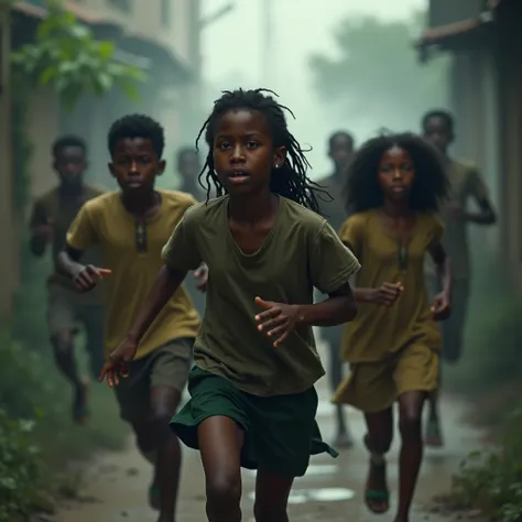 Les jeunes homme frères et jeunes femmes  sœurs dEmeka des nigérian arrivant sur la scène
Un groupe de personnes africaines (les frères et sœurs dEmeka) courant vers la maison, leur visage marqué par linquiétude et la peur, avec une lueur inquiétante dans ...