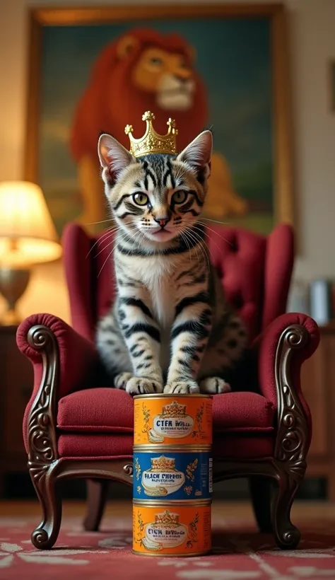 A photorealistic image of a fierce-looking kitten with a regal expression, wearing a majestic golden crown, sitting atop a throne made of stacked tuna cans. The setting is a cozy living room with soft lighting and a warm ambiance. Behind the cat, a framed ...