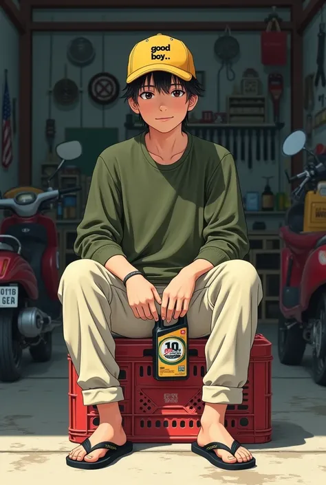 Japanese man, 20 years old,Straight hair type, wearing a yellow baseball cap It says (Good boy),Wearing an army green long-sleeved shirt, wearing cream parka pants,Wearing black flip-flops,Sitting on a red used drink crate, front view, looking at the camer...