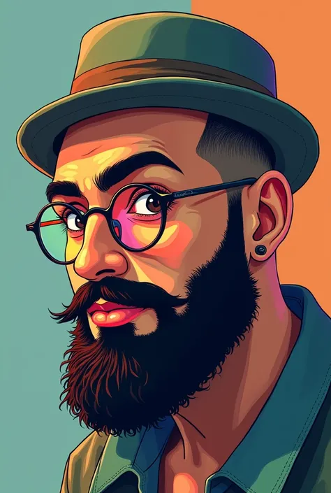 Male, bald, middle eastern, anime, side profile picture, artist, round colored eye glasses, full beard face, artist hat