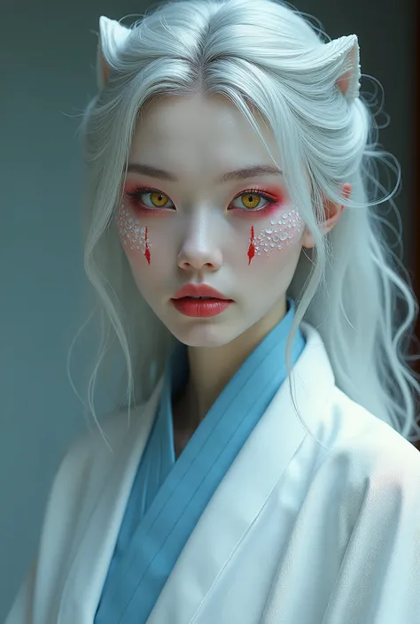 (a beautiful woman, white skin with white snake skin),(silver hair),(yellow cat eyes),(makeup with red stripes under each eye),(wearing blue lipstick on her mouth),(she wears a white haori/Japanese coat over a light blue kimono with black hakama/Japanese p...