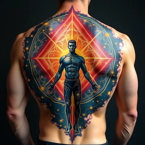 Develop a powerful tattoo that can attract geometrical energy and vibrational energy for men for my back include all the elements and charas in it 
Include the unified field 