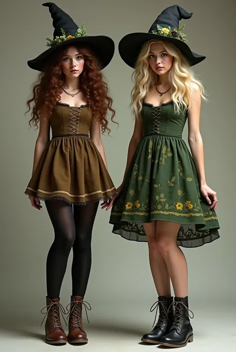 Two hot witches            , on the left:    long curly brown hair   ,             short brown dress            ,             black tights    ,           brown leather boots with cute lacing pattern, hexenhut, Right: blonde hair,   leaf green floral dress ...