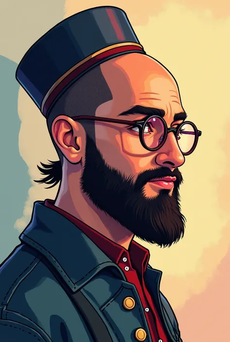 Male, bald, middle eastern, anime, side profile picture, artist, round colored eye glasses, full beard face, artist hat