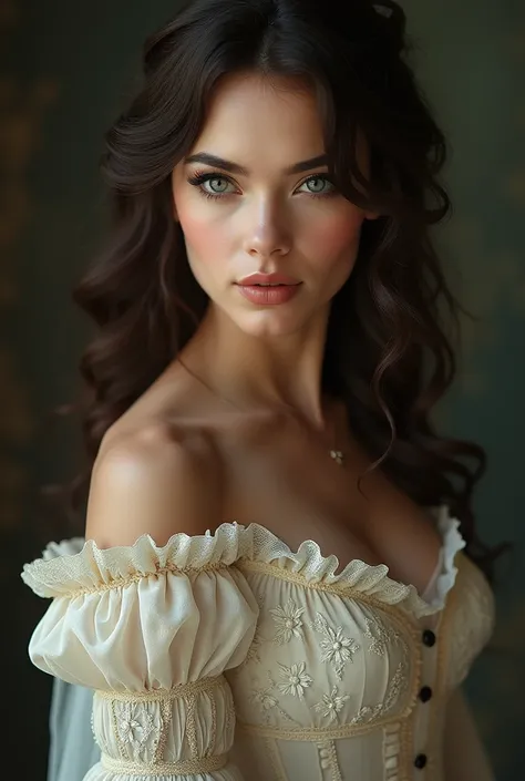 Latin American woman with wavy strong brown hair wearing a Victorian dress and light blue eyes 