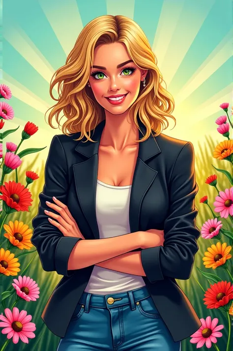 Comic style.Blonde woman with shoulder-length wavy hair.green eyes.Smiling.black jacket.blue jeans.stands on a meadow of flowers. arms crossed 