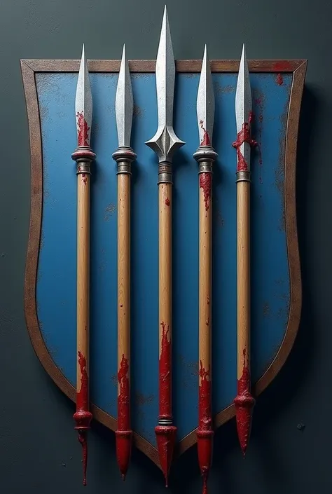  A figurative symbol of a clean blue heraldic shield .
 On which there are 5 identical spears ,  with their tips arranged in the center of the shield 2 raised above the rest one in the center and 2 lower than the rest.
 whose silver tips are drenched with ...