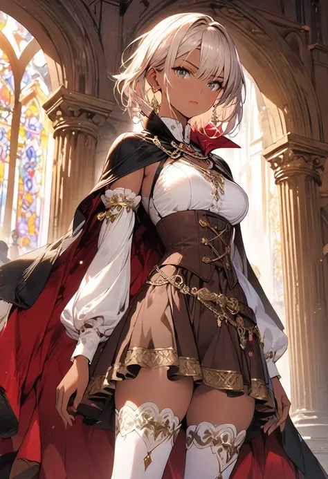 (masterpiece),(best quality),(ultra-detailed),(best illustration),(best shadow),(absurdres),(detailed background), 1girl, thighhighs, dark-skin, short-hair, cape, dark-skinned-female, high-heels, solo, white-hair, standing, jewelry, chain, pillar, stained-...