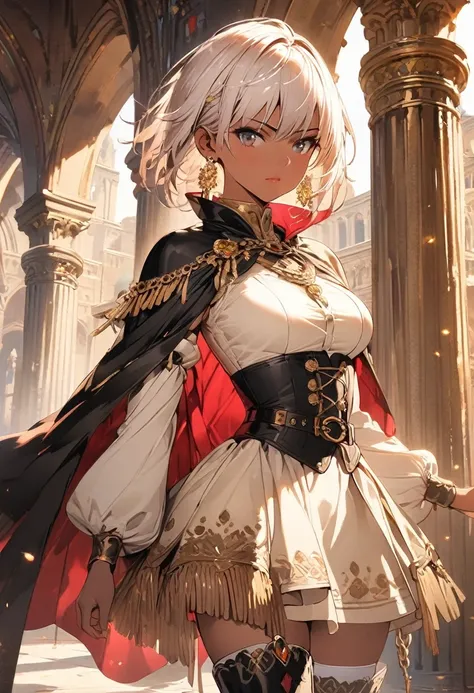 (masterpiece),(best quality),(ultra-detailed),(best illustration),(best shadow),(absurdres),(detailed background), 1girl, thighhighs, dark-skin, short-hair, cape, dark-skinned-female, high-heels, solo, white-hair, standing, jewelry, chain, pillar, stained-...