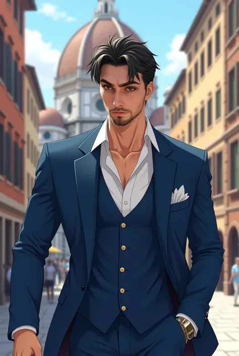  An Italian anime art man of approximately thirty years old .  He has a presence that stands out from the first glance . His face, well defined,  looks harmonious and attractive ,  with a firm jaw that denotes his youth and character .  Your deep olive gre...