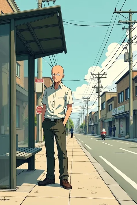 Saitama from One Punch Man waiting for the bus at the bus stop going to work