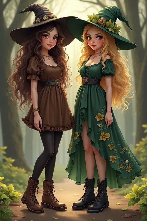 Two hot witches             , on the left:    long curly brown hair   ,              short brown dress             ,              black tights    ,            brown leather boots with cute lacing pattern, hexenhut, Right: blonde hair,   leafy green floral ...