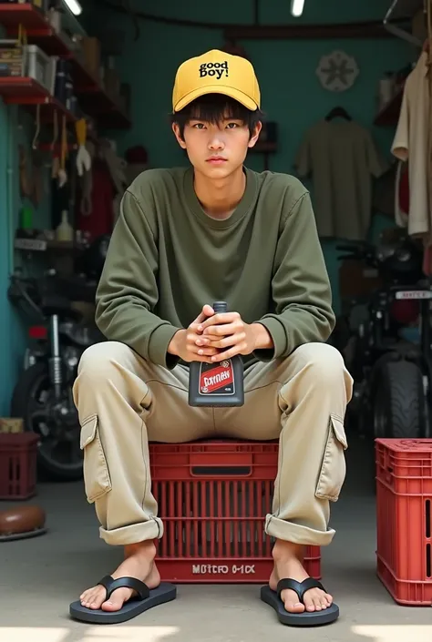 Japanese man, 20 years old, wearing a yellow baseball cap It says (Good boy),Wearing an army green long-sleeved shirt, wearing cream parka pants,Wearing black flip-flops,Sitting on a red used drink crate, front view, looking at the camera,Zoom camera, hold...