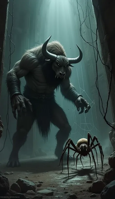 "In a single frame, place the Minotaur on the left, showcasing its muscular build and fearsome bulls head, alongside a spider on the right, featuring its intricate web patterns and sharp claws. The background should depict a dark labyrinth filled with shad...