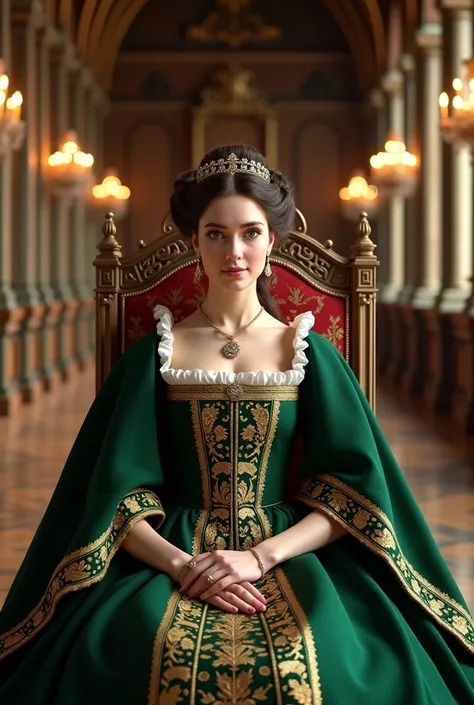 {Realistic photographic style, Ana Bolena sitting on the throne in the palace hall, intricate Tudor-style gown with emerald green and gold embroidery, pearl-adorned square neckline, elegant posture exuding regality, dark brown hair in an elaborate Tudor up...