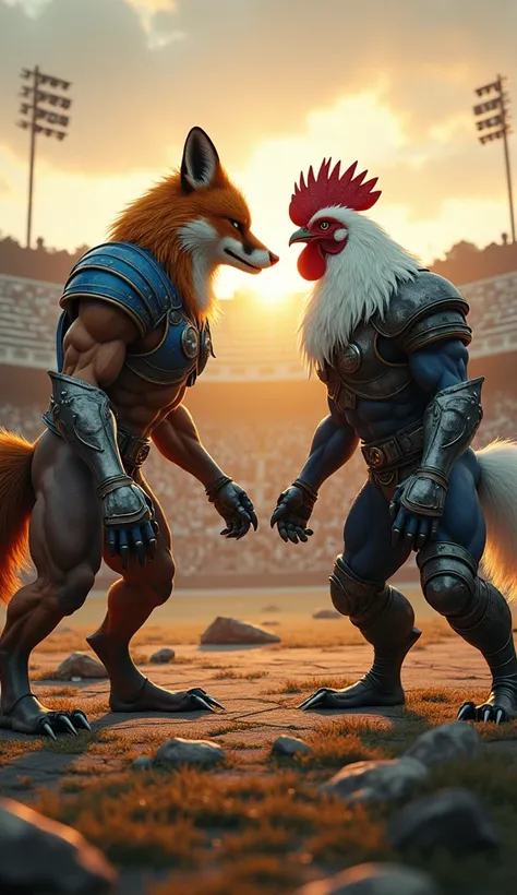 Object: imposing humanoid fox and imposing humanoid white rooster with a red crest, Position: standing face-to-face in a powerful and tense stance, Complete Scene: a dramatic showdown between the two rivals, Background: a post-apocalyptic football field wi...