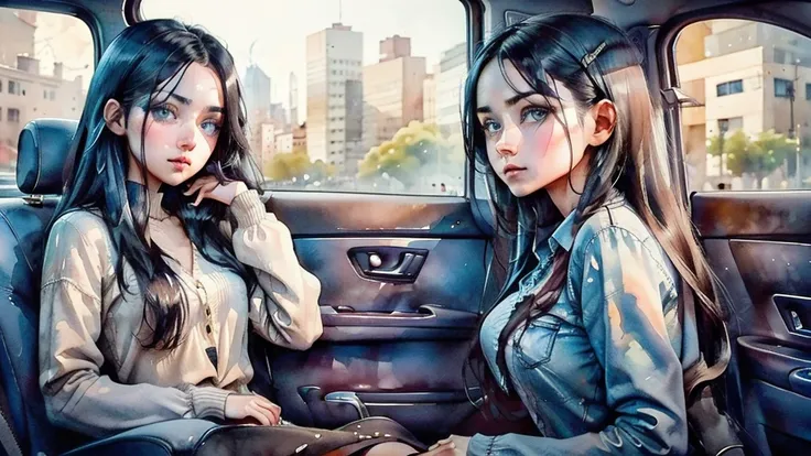 A girl with long black hair, blue detailed eyes, beautiful eyes, sitting inside a car on the back seat and looking out of the car window into the city, side shot