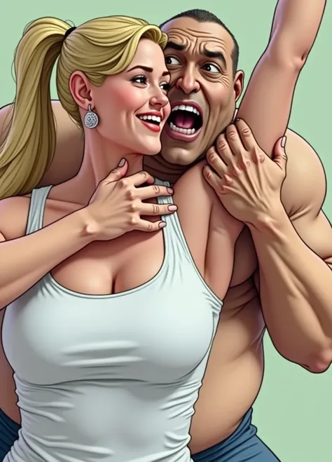 (Realistic, photo) standing beautiful ponytail blonde athletic muscular german girl smiling wearing a tank top with arms high above her head while being grabbed by the bicep and neck by an old obese african man behind her. Blonde girls armpits are shaved s...