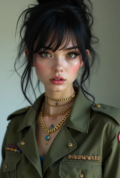 pale white female and with a military uniform  her jet black hair up in a messy bun and a big gold chain and she has a few tattoos and a eyebrow pricing and lip pricing with thick fake eyelashes on and long fake nails that are painted pink she