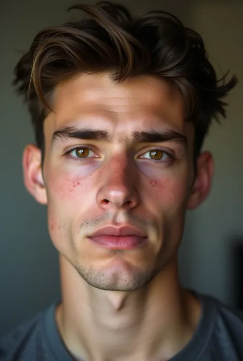 Realistic portrait of a 20-year-old Romanian young man with a completely round face and fair skin, featuring slight imperfections and natural redness on the cheeks. His face lacks a defined jawline, giving it a fuller and softer appearance. His hair is sho...