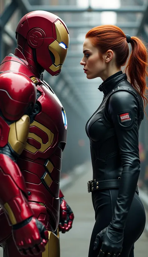 Create an image of Iron Man and Black Widow standing opposite each other, radiating intensity and determination. Iron Man is in his iconic red and gold armor, helmet off, showing his confident expression. Black Widow stands opposite, in her black tactical ...