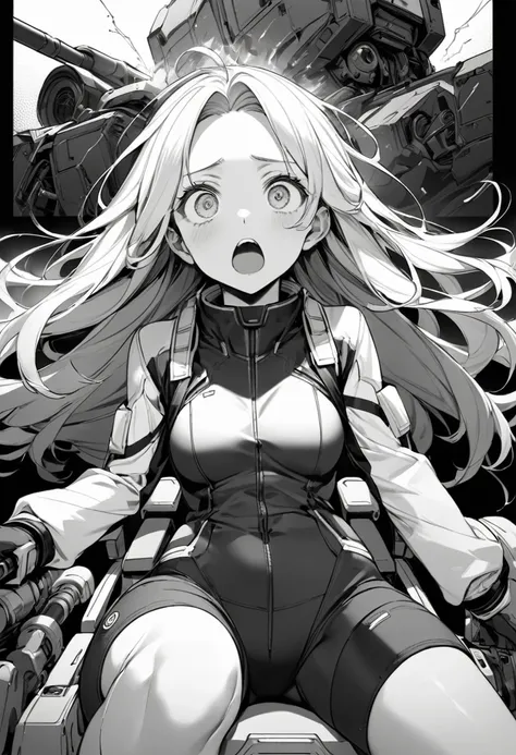 (delicate and beautiful), (Monochrome and comic illustration),
(beautiful forehead)
(beautiful hair delicate long hair),
(immensely cute girl) (age 15), (beautiful big blank eyes), (shocked:1.3 face), (angry big open mouth), (small tits),
in a pilot suit,
...