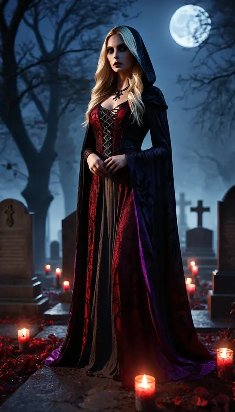 A highly realistic 3D render of a mystical, enchanting blonde woman with long, straight hair, standing in a dark, sinister cemetery under a blood-red full moon. She is a stunning witch, wearing a flowing black and purple cloak with intricate, shimmering pa...