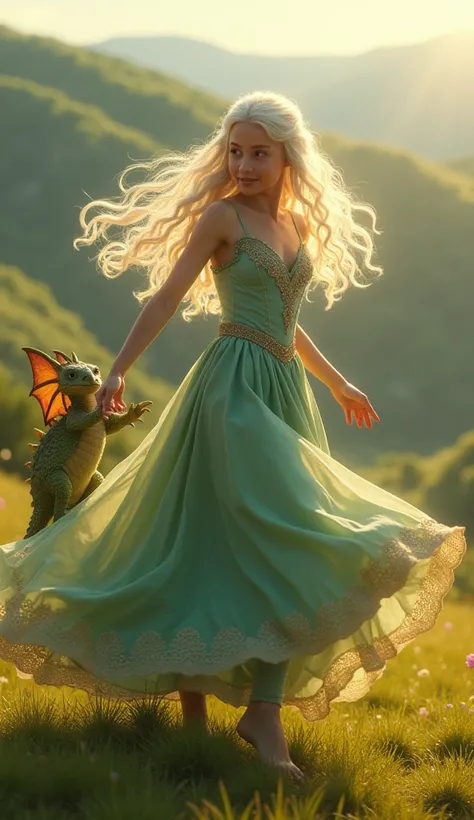 Daenerys Targaryen child version, and a baby dragon, both dancing and happy, realistic image