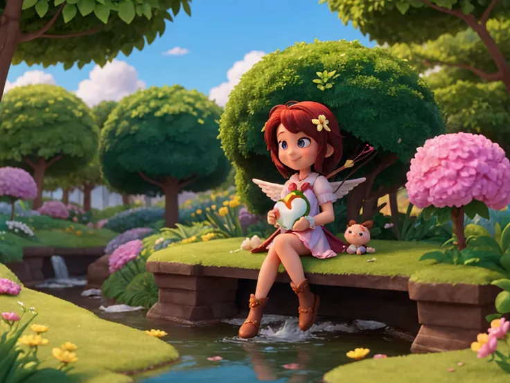 The image features a Pixar-style animated scene set during the day in a magical garden. The setting is vibrant and enchanting, with tall, elegant trees and colorful flowers scattered around a stream reflecting the soft sunlight.

In the center of the scene...