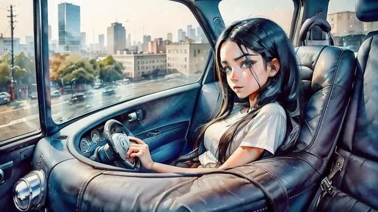 A girl with long black hair, blue detailed eyes, beautiful eyes, sitting inside a sports car on the back seat and looking out of the car window into the city, side shot